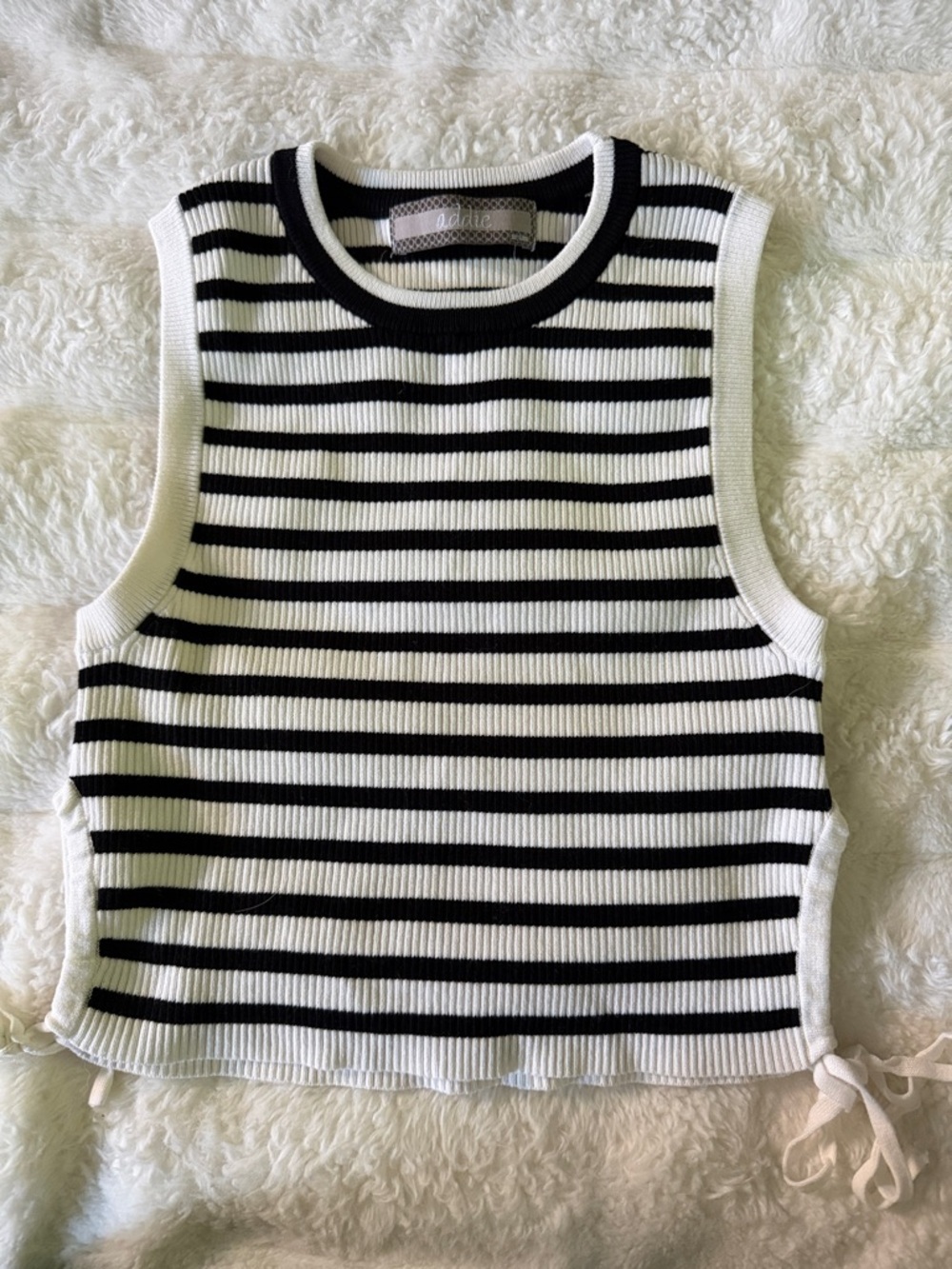 Striped Black & White Sleeveless Knit Top- open side